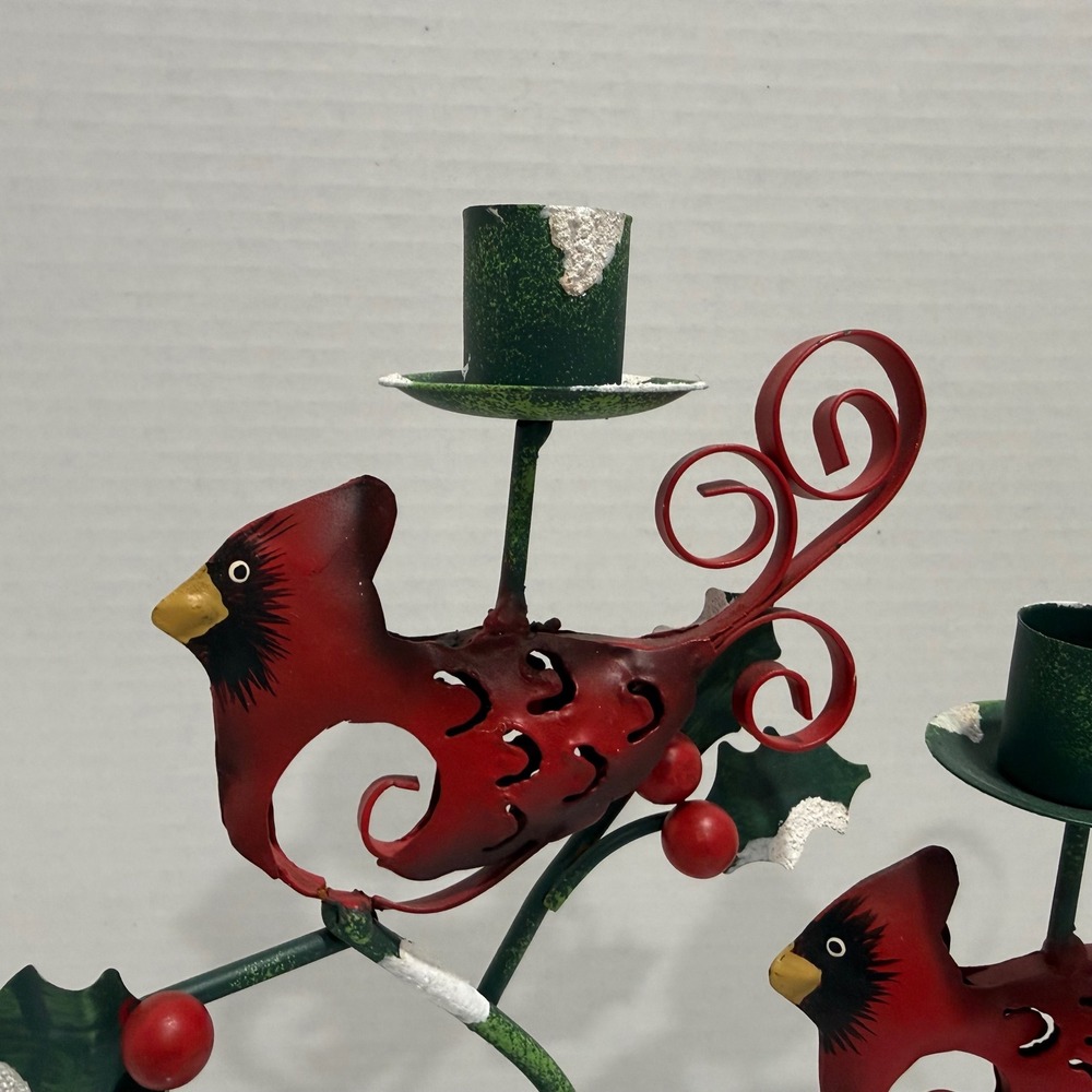 VTG Metal Cardinal Taper 3-Candle Holder Rustic Christmas Holly Bird Centerpiece - Picture 3 of 14